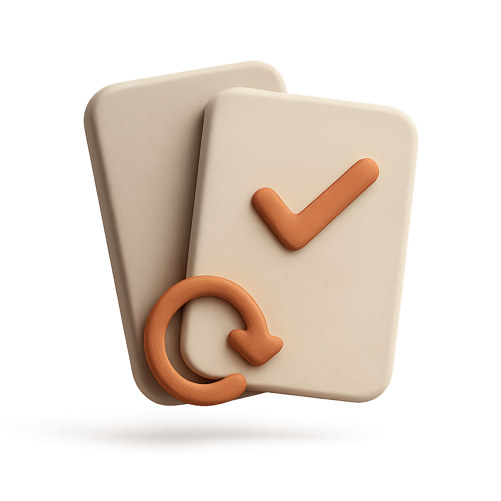 Certificate documents with rotation arrow and checkmark